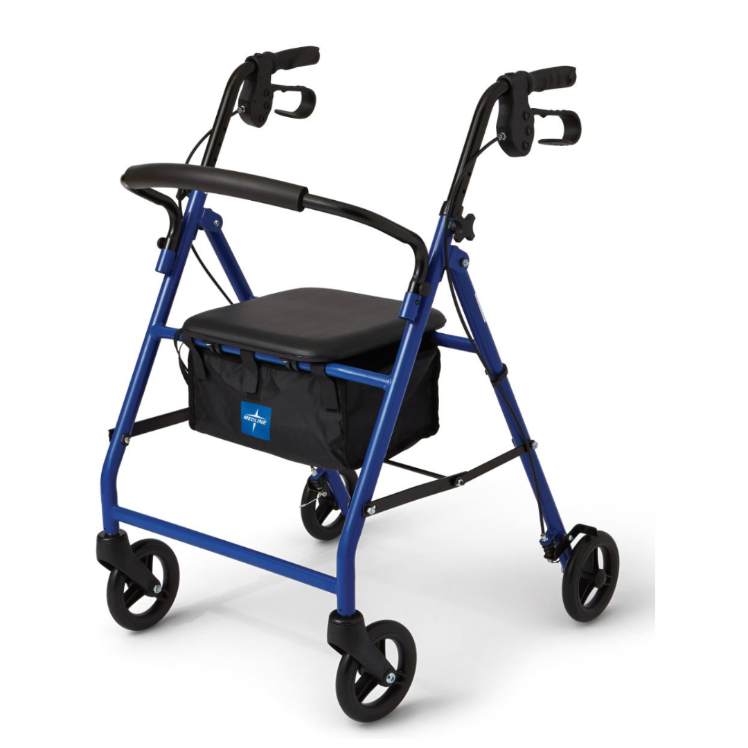 The Medline Basic Lightweight Steel Folding Rollator, in blue, features height-adjustable arms, four black wheels, a padded seat, black handles, and a storage bag underneath. It has an ultra-lightweight and compact folding design and is shown on a white background.